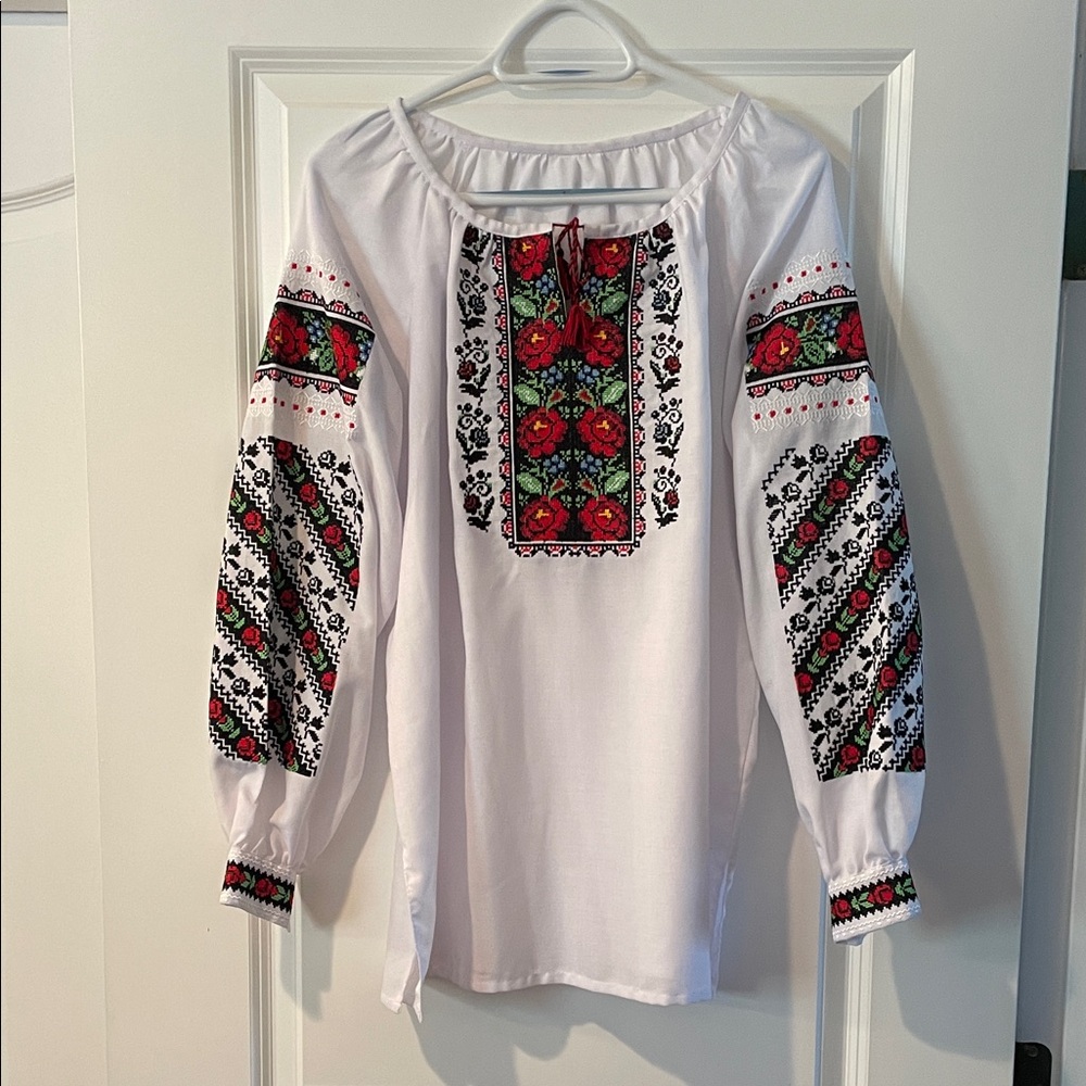 Embroidered White and Red Women's Top